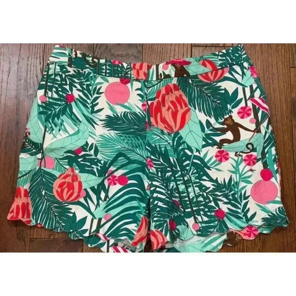 Talbots Women Shorts Size 18 Monkey Jungle Print Green Pink Scalloped Hem - Picture 1 of 12